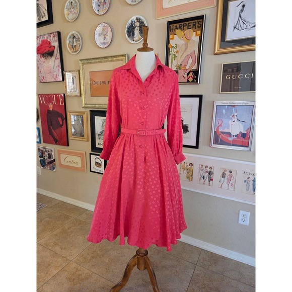 Vintage 60s Ciao Ltd Silk Dress Belted Midi‎ Fit Flare Pink Polka Dot Full Skirt - Picture 2 of 8